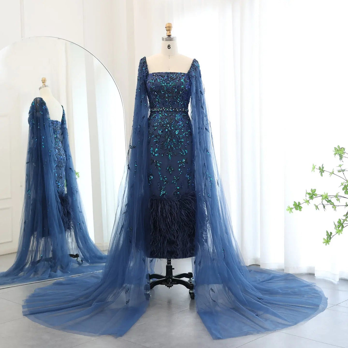 Luxury Feathers Lilac Evening Dress with Cape Sleeves SS381
