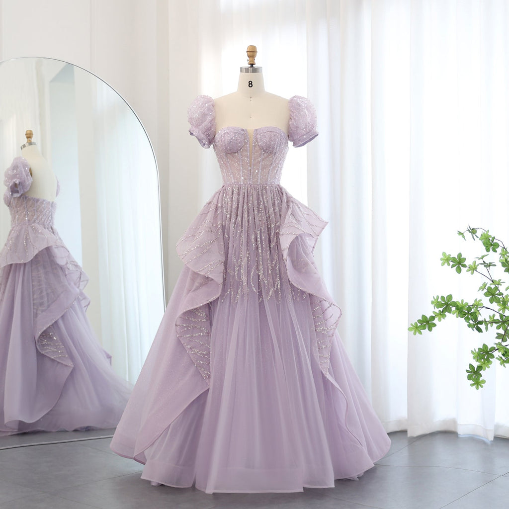 Elegant Sequin Lilac A-Line Short Sleeves Evening Dress SS452