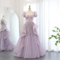 Elegant Sequin Lilac A-Line Short Sleeves Evening Dress SS452