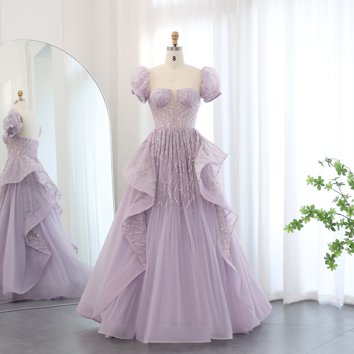Elegant Sequin Lilac A-Line Short Sleeves Evening Dress SS452