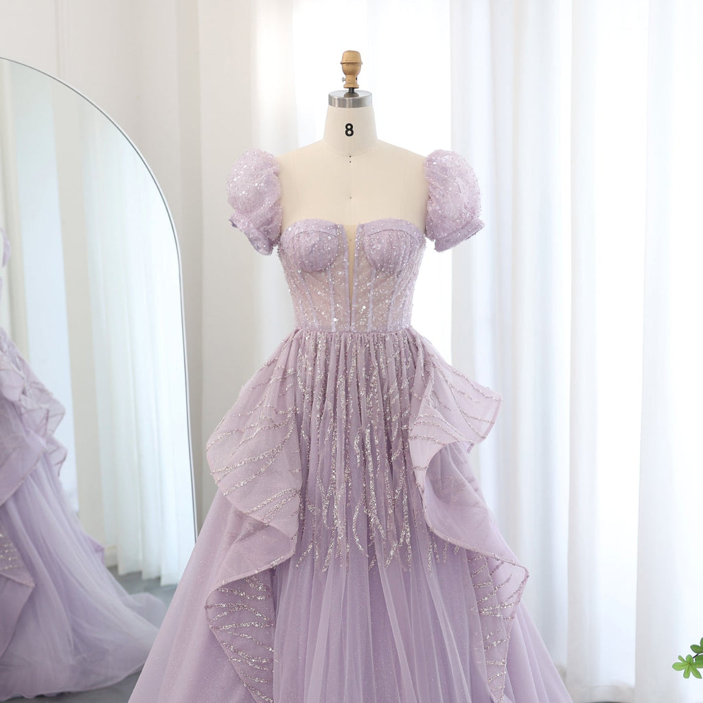 Elegant Sequin Lilac A-Line Short Sleeves Evening Dress SS452