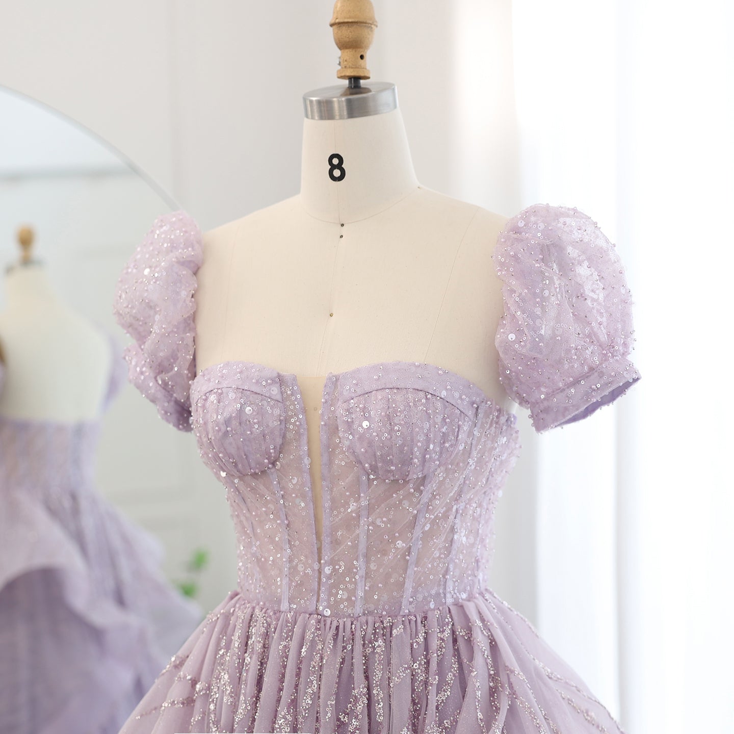 Elegant Sequin Lilac A-Line Short Sleeves Evening Dress SS452