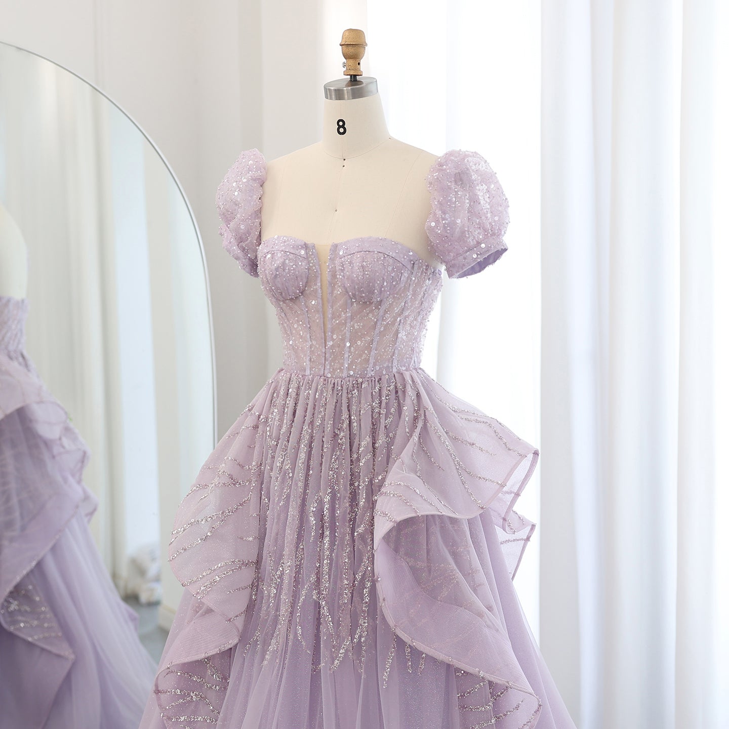 Elegant Sequin Lilac A-Line Short Sleeves Evening Dress SS452