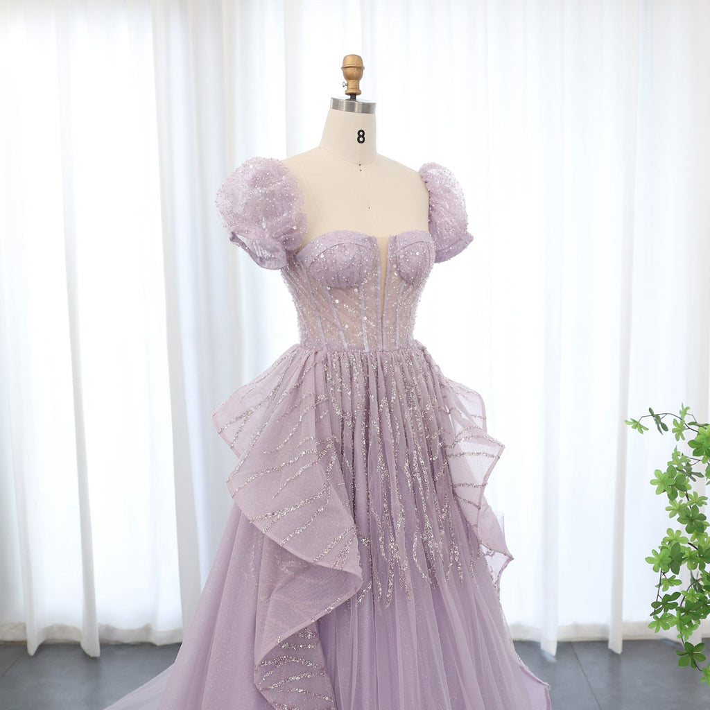 Elegant Sequin Lilac A-Line Short Sleeves Evening Dress SS452