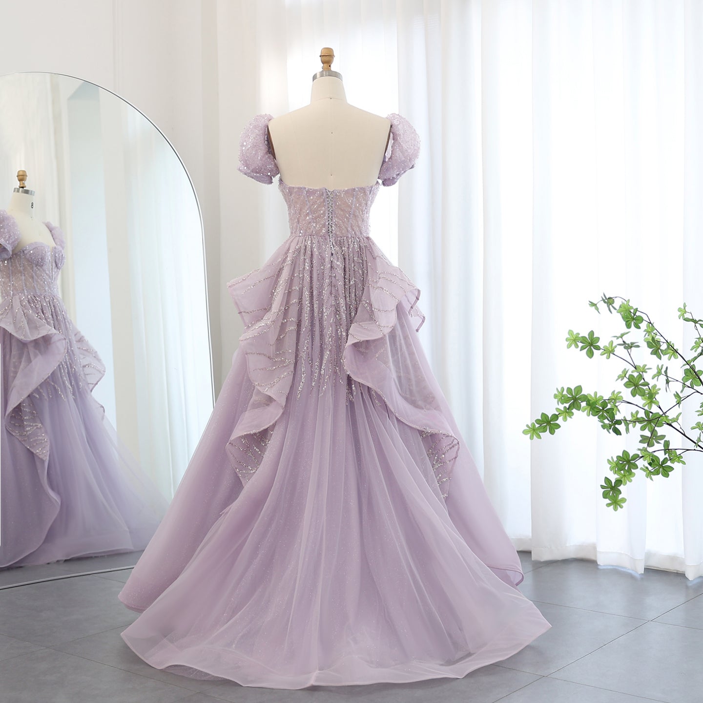Elegant Sequin Lilac A-Line Short Sleeves Evening Dress SS452