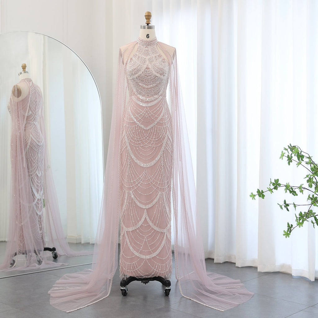 Luxury Pearls Black Evening Dresses with Cape Sleeves SS209