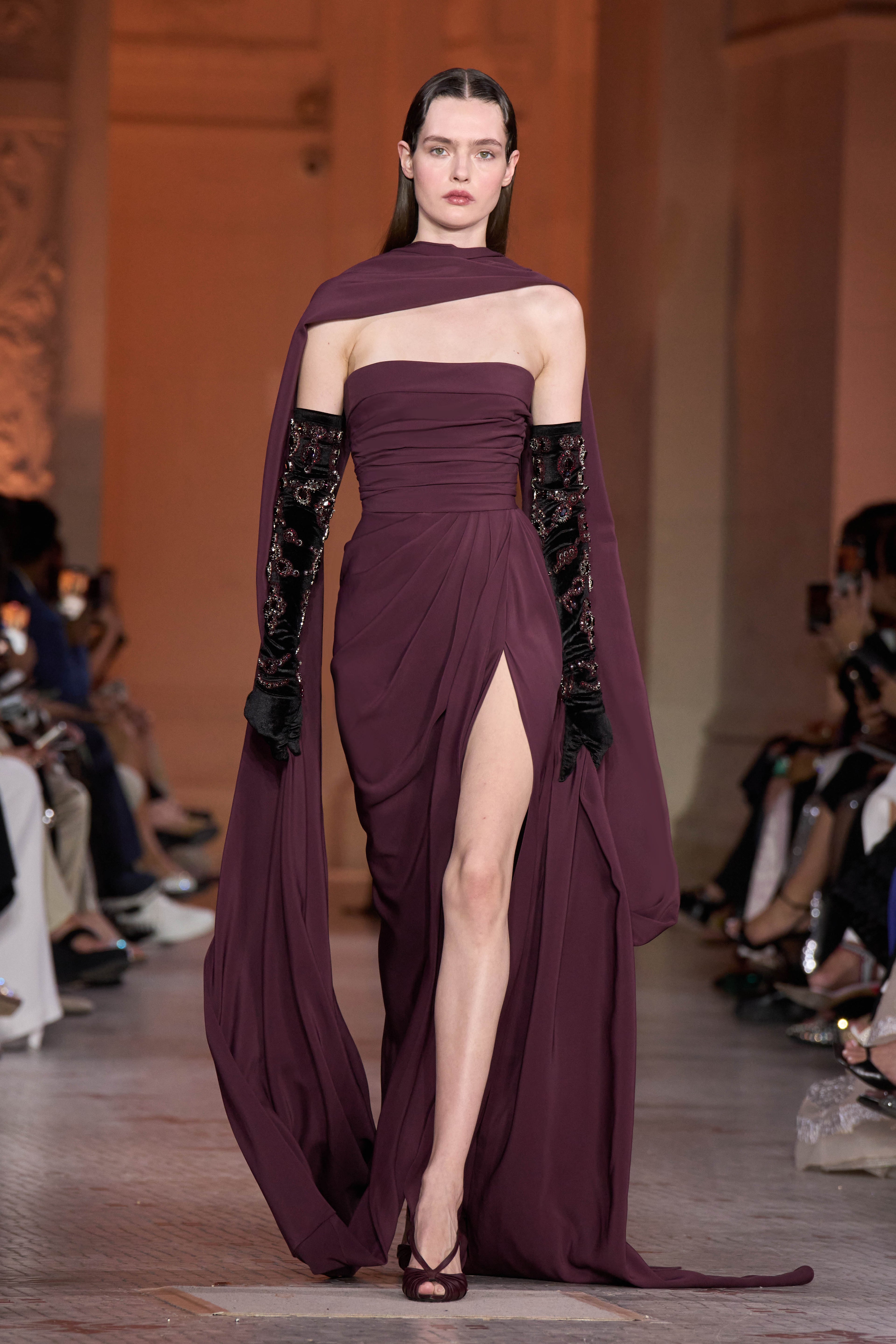 Glamorous Cabernet High-Slit Evening Dress with Scarf SF144
