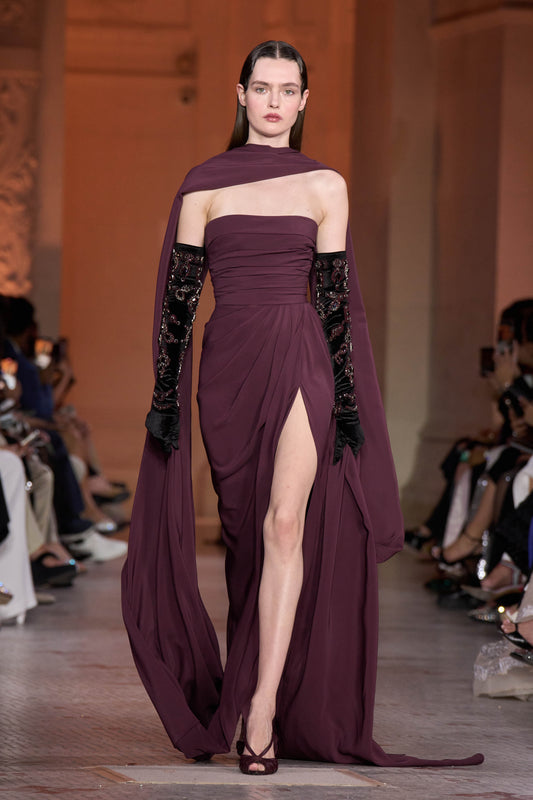 Glamorous Cabernet High-Slit Evening Dress with Scarf SF144