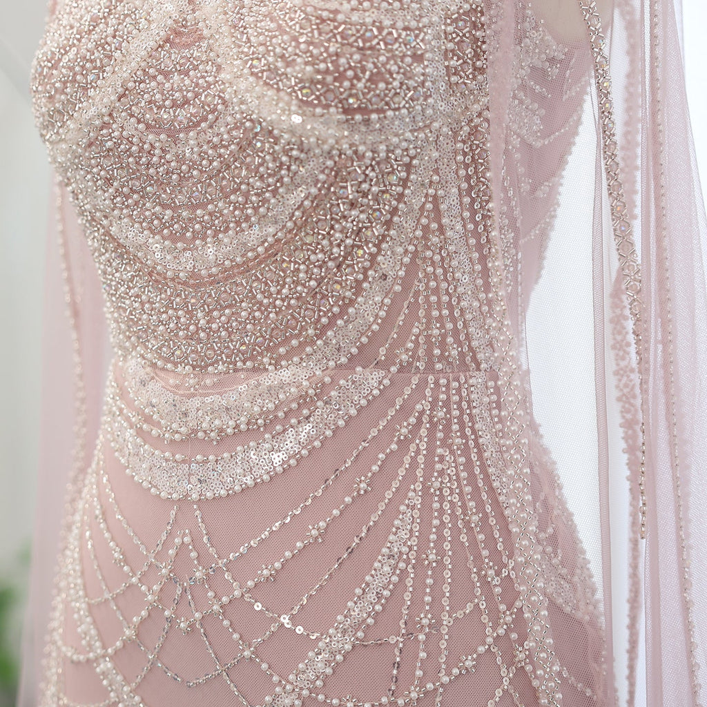 Luxury Pearls Black Evening Dresses with Cape Sleeves SS209