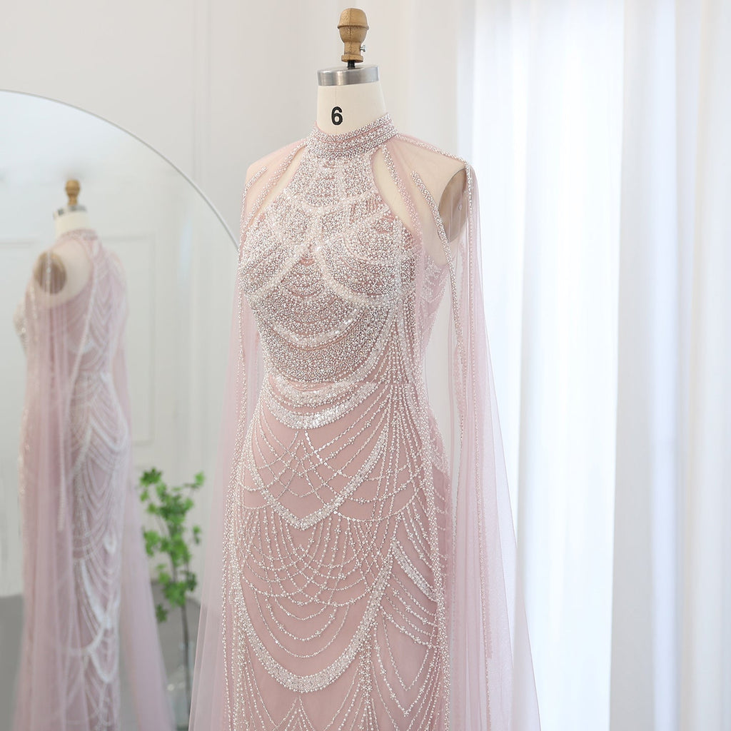 Luxury Pearls Black Evening Dresses with Cape Sleeves SS209