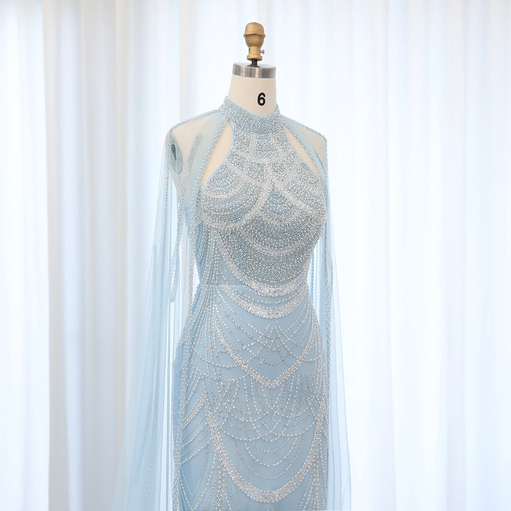 Luxury Pearls Black Evening Dresses with Cape Sleeves SS209