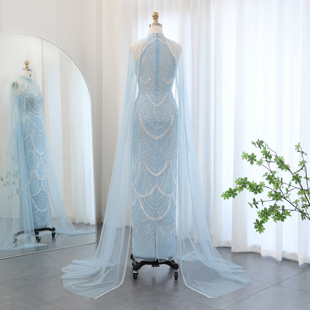 Luxury Pearls Black Evening Dresses with Cape Sleeves SS209