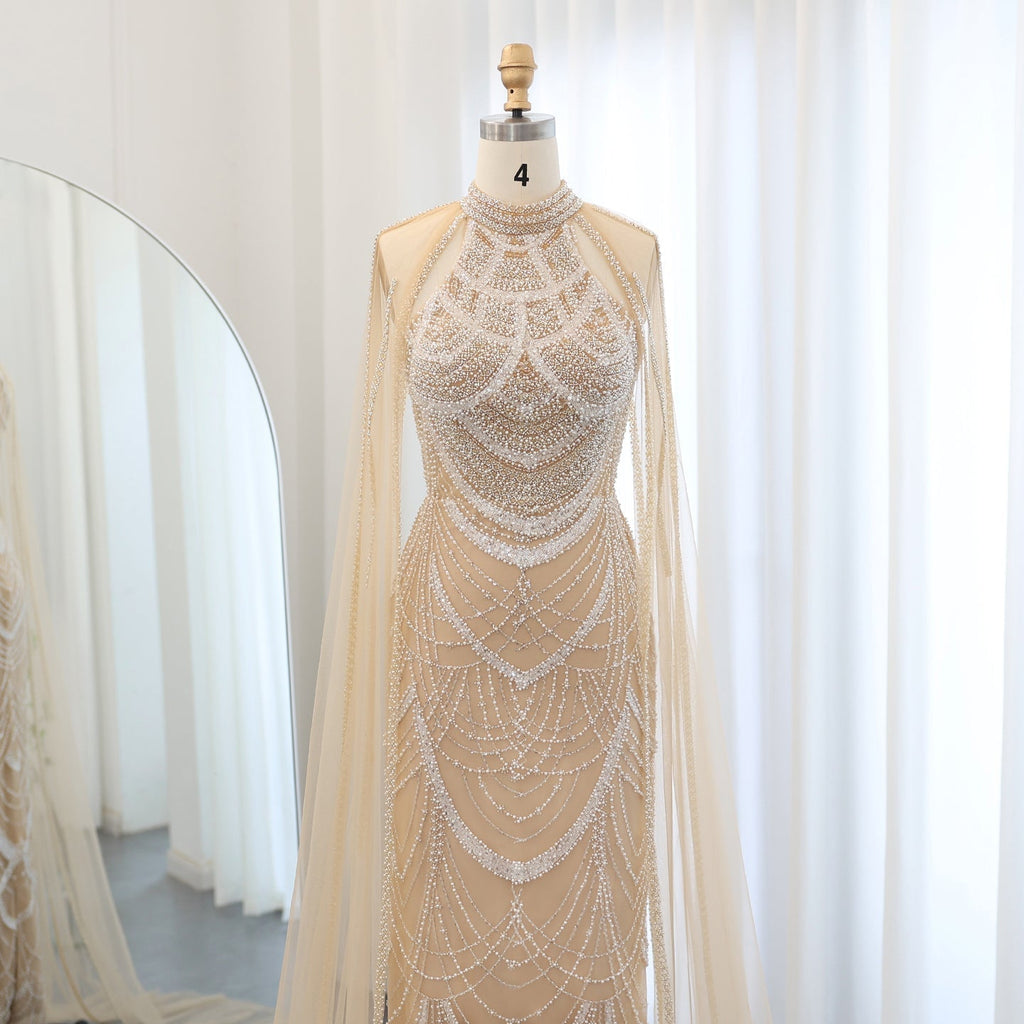 Luxury Pearls Black Evening Dresses with Cape Sleeves SS209