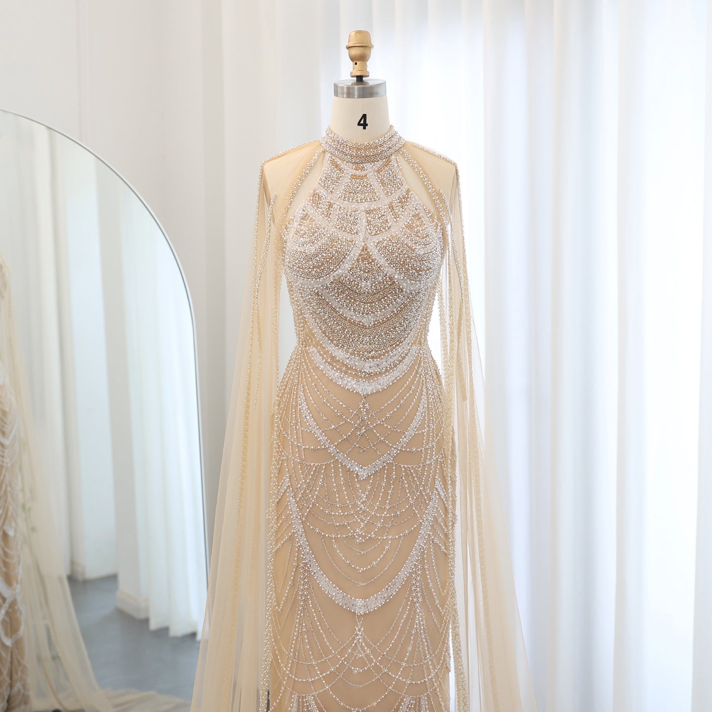 Luxury Pearls Black Evening Dresses with Cape Sleeves SS209