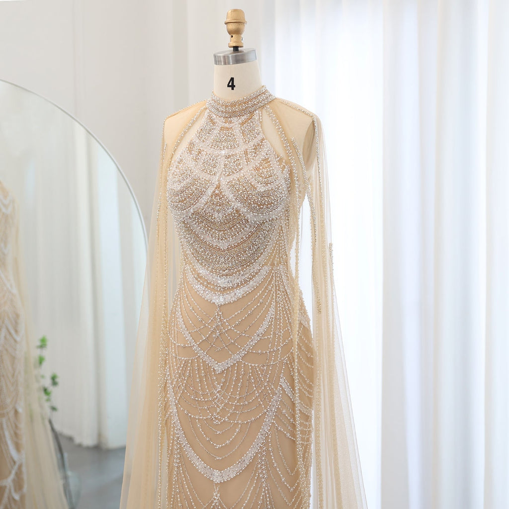 Luxury Pearls Black Evening Dresses with Cape Sleeves SS209