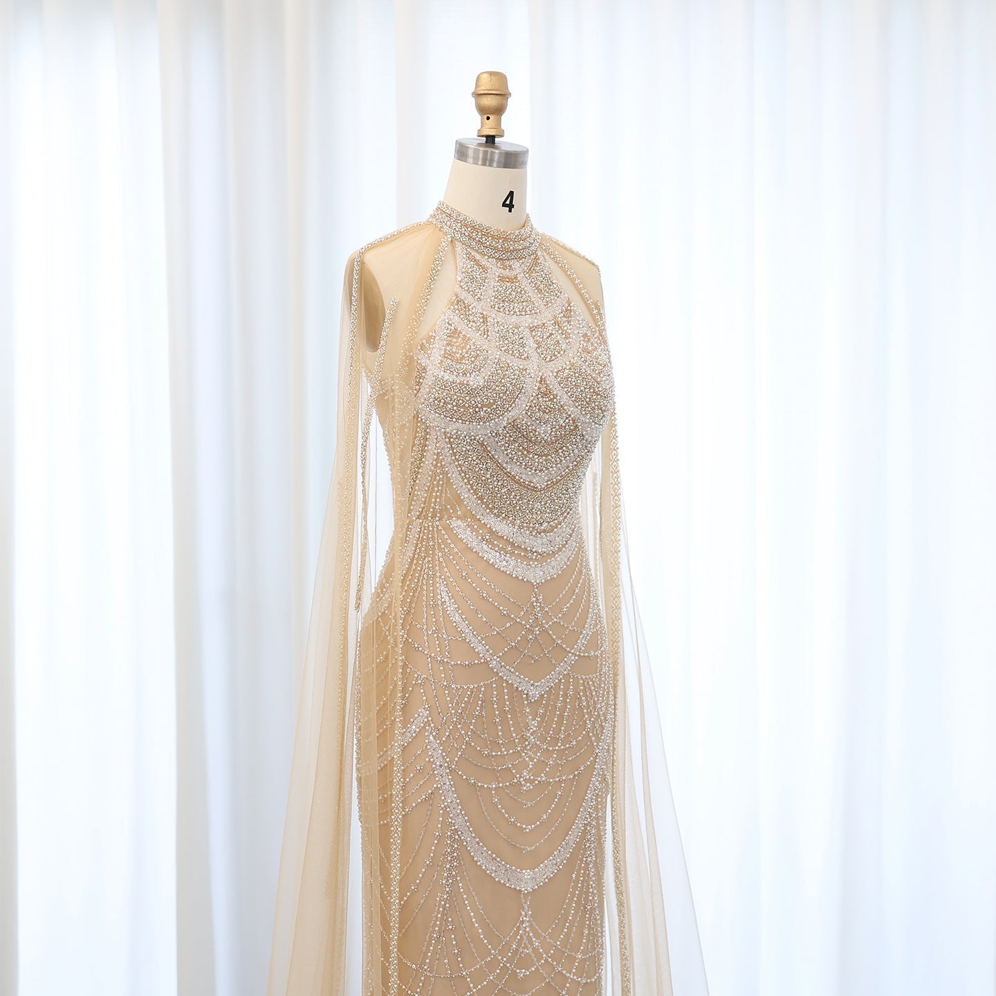 Luxury Pearls Black Evening Dresses with Cape Sleeves SS209