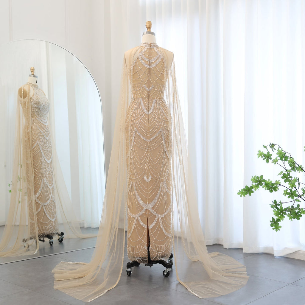 Luxury Pearls Black Evening Dresses with Cape Sleeves SS209