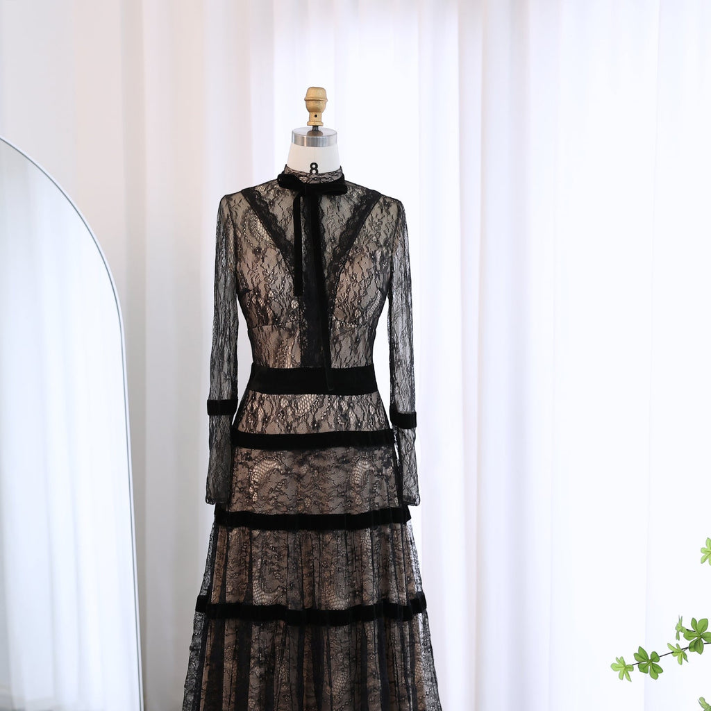 Elegant Black Long Sleeves Tiered Lace A-line Evening Dress SF023