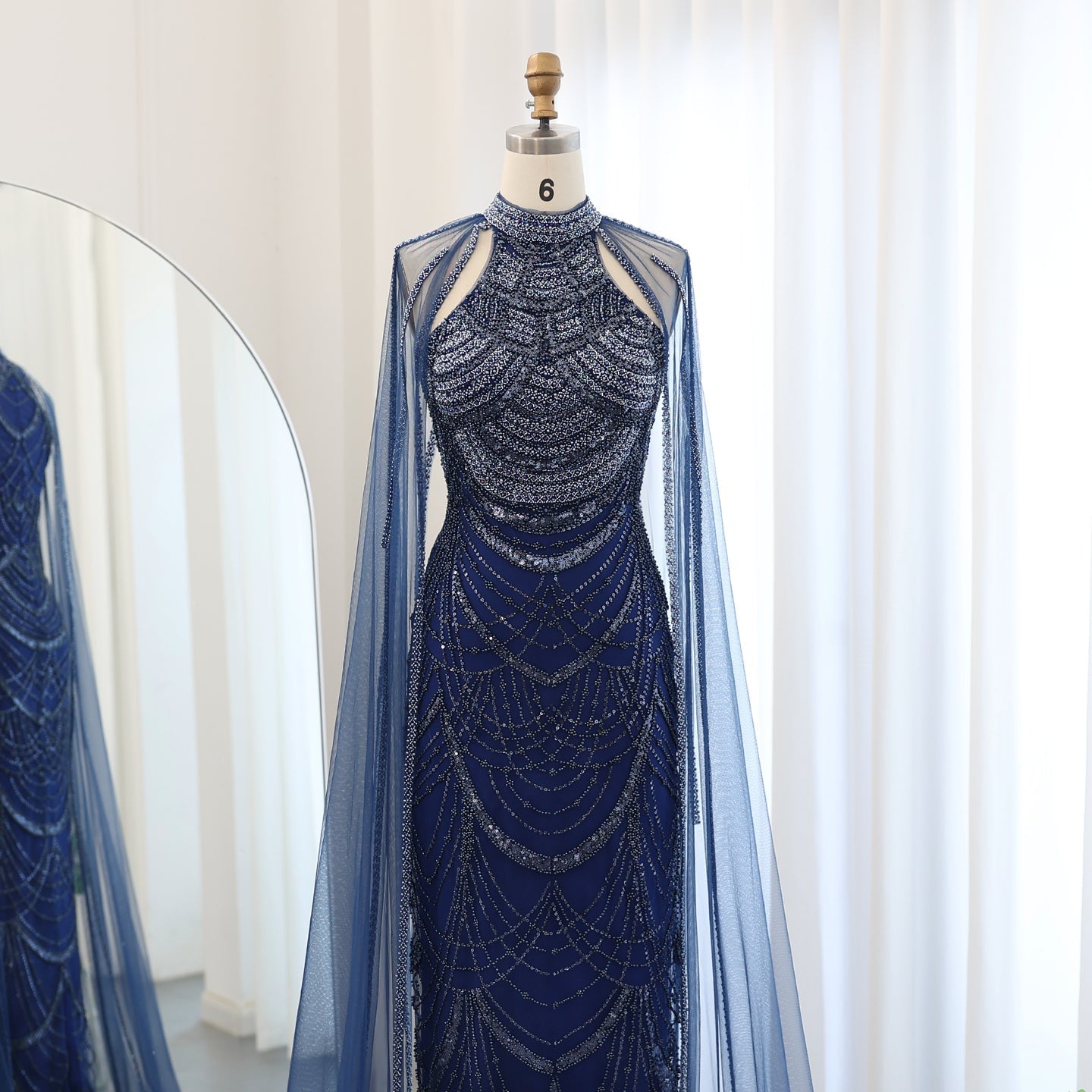 Luxury Pearls Black Evening Dresses with Cape Sleeves SS209