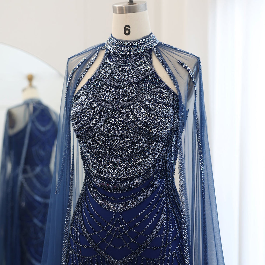 Luxury Pearls Black Evening Dresses with Cape Sleeves SS209