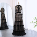 Elegant Black Long Sleeves Tiered Lace A-line Evening Dress SF023