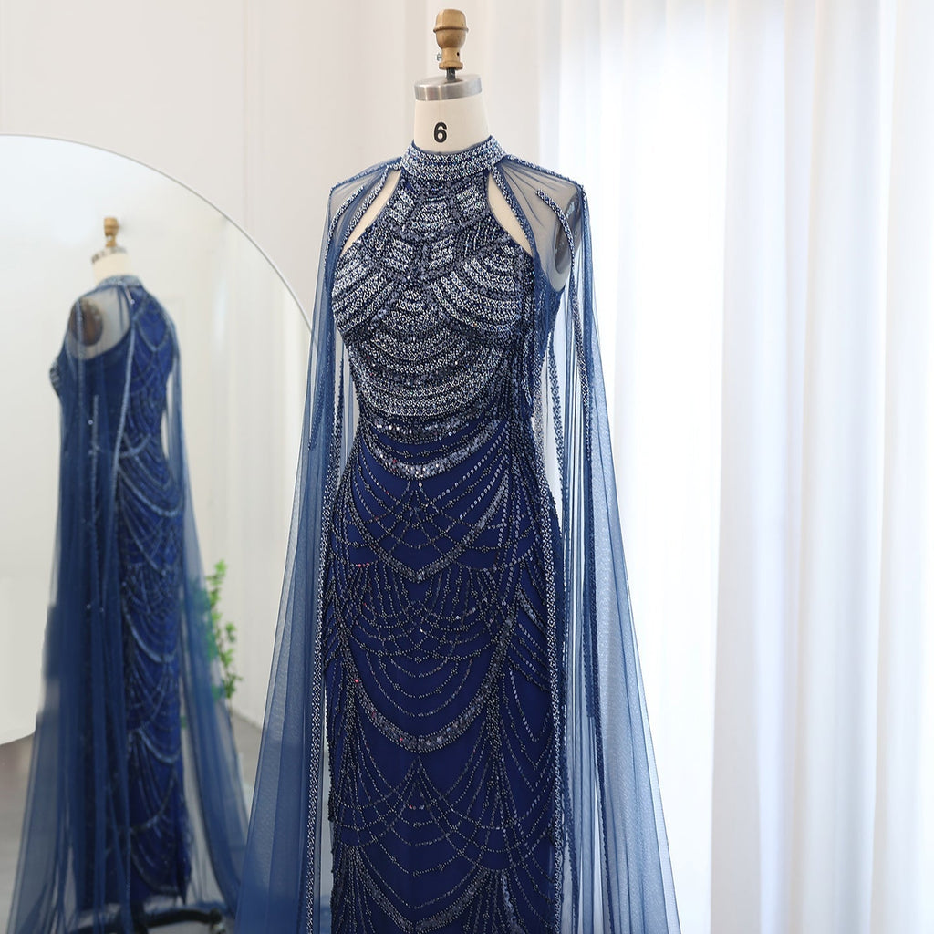 Luxury Pearls Black Evening Dresses with Cape Sleeves SS209