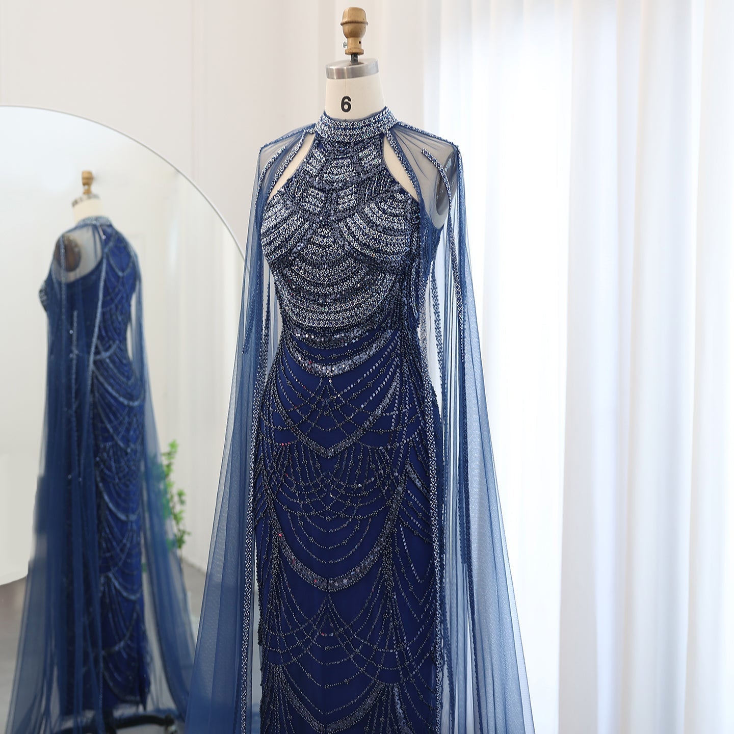 Luxury Pearls Black Evening Dresses with Cape Sleeves SS209