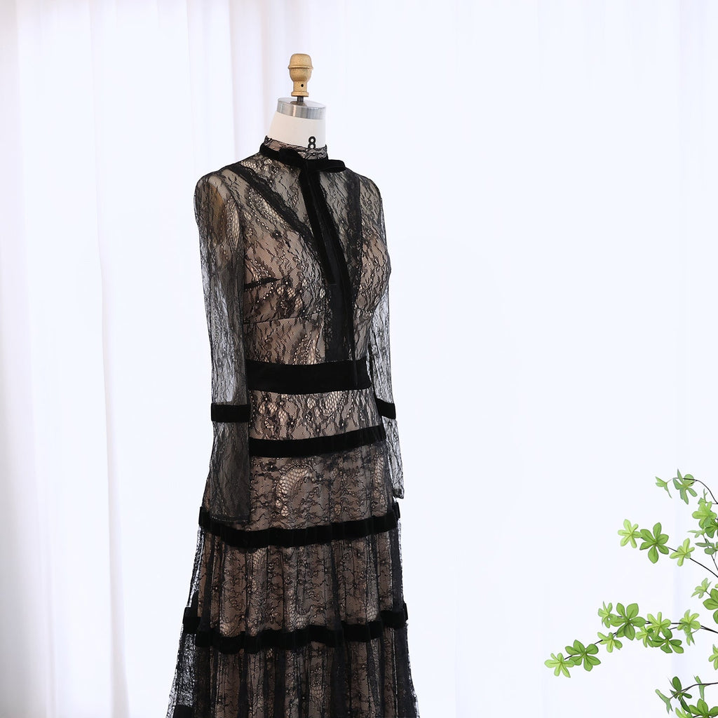Elegant Black Long Sleeves Tiered Lace A-line Evening Dress SF023
