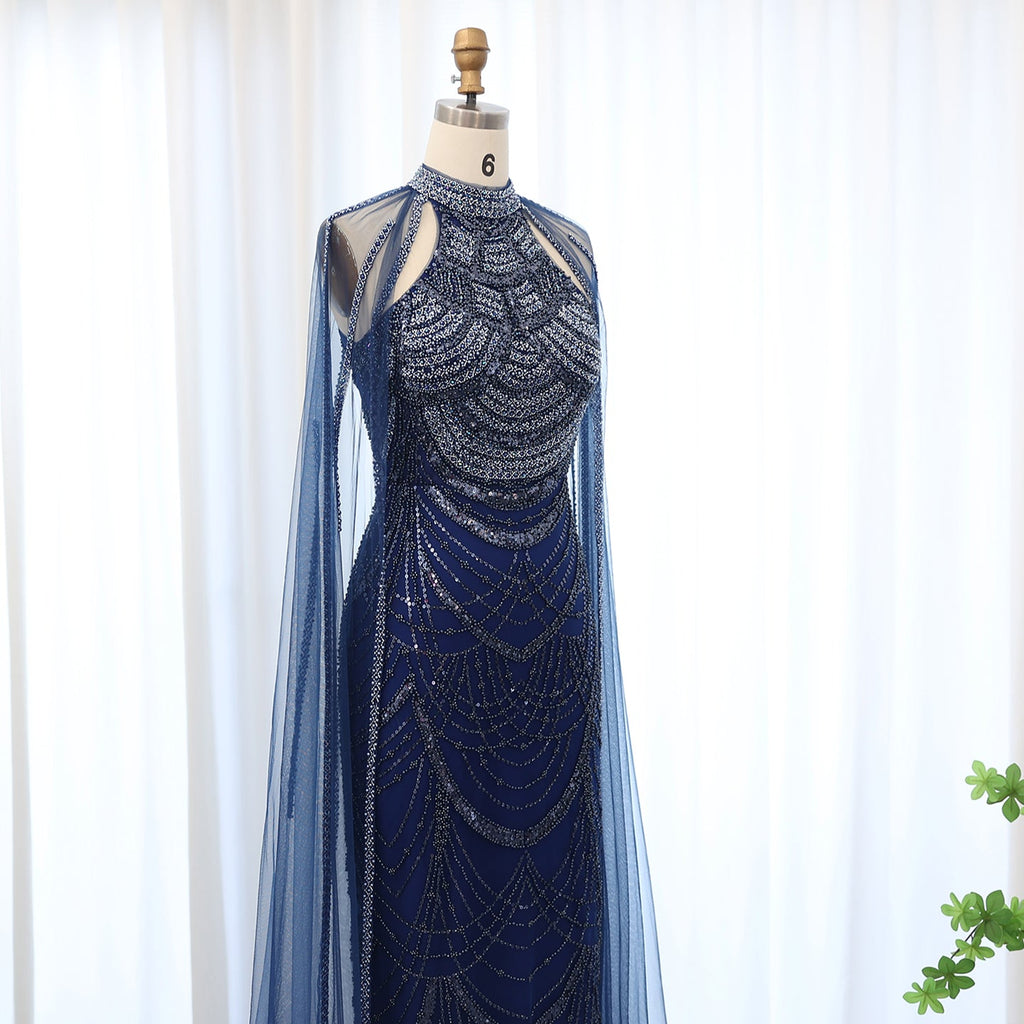 Luxury Pearls Black Evening Dresses with Cape Sleeves SS209