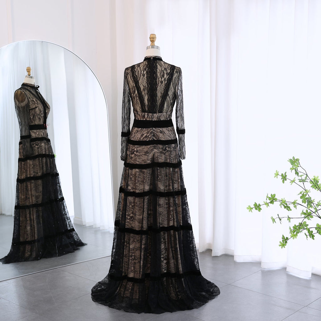 Elegant Black Long Sleeves Tiered Lace A-line Evening Dress SF023