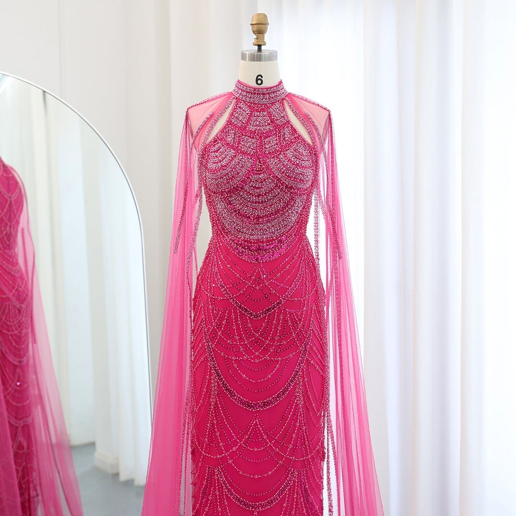 Luxury Pearls Black Evening Dresses with Cape Sleeves SS209