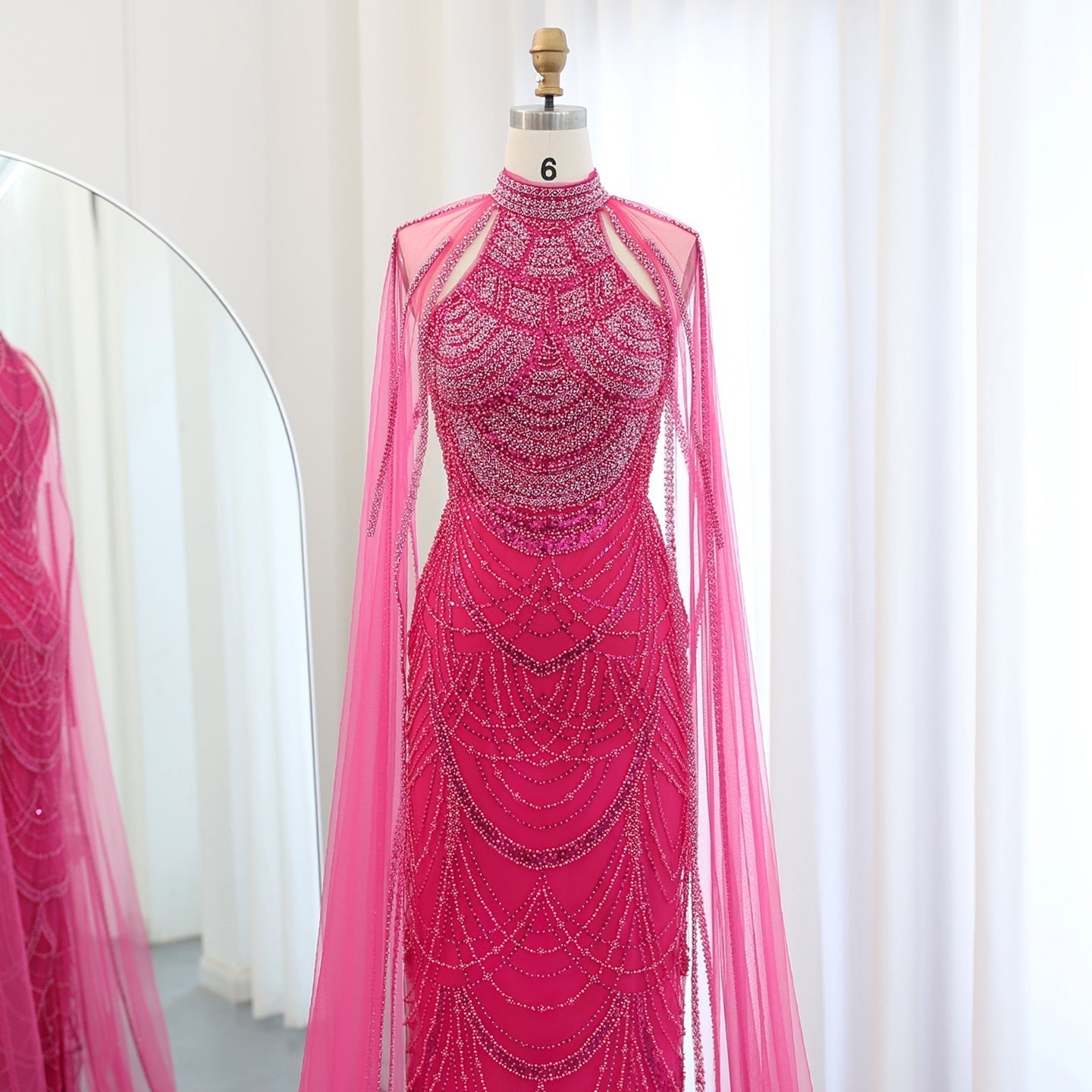 Luxury Pearls Black Evening Dresses with Cape Sleeves SS209