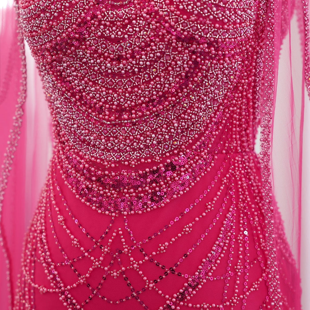 Luxury Pearls Black Evening Dresses with Cape Sleeves SS209