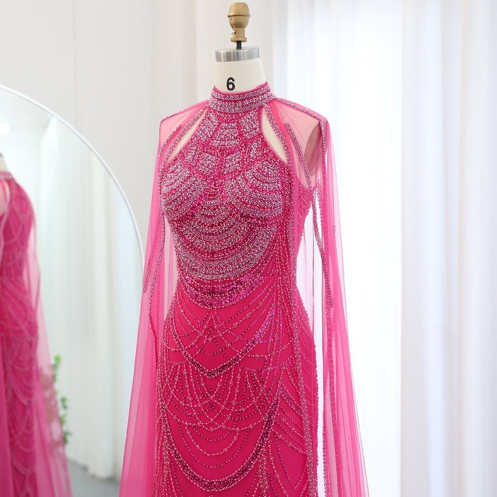 Luxury Pearls Black Evening Dresses with Cape Sleeves SS209