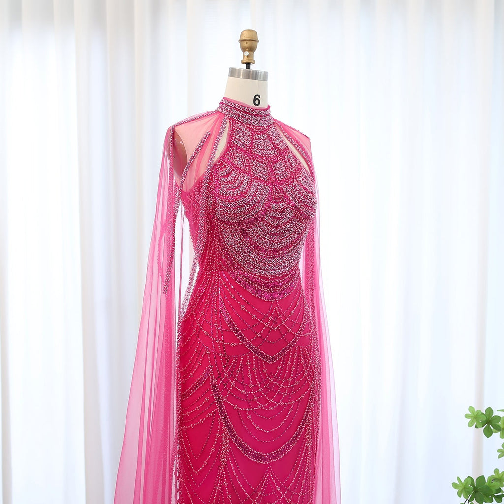 Luxury Pearls Black Evening Dresses with Cape Sleeves SS209