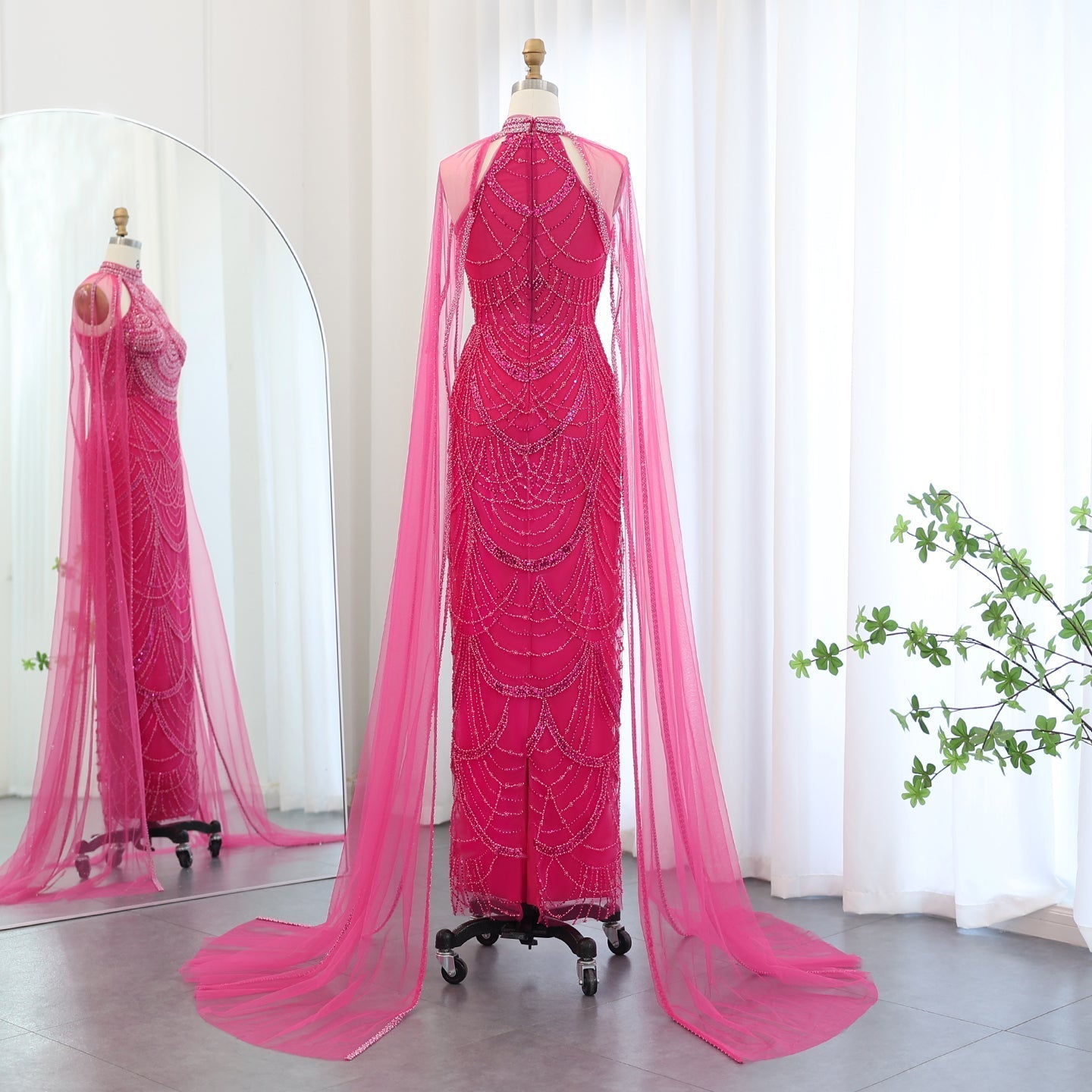 Luxury Pearls Black Evening Dresses with Cape Sleeves SS209