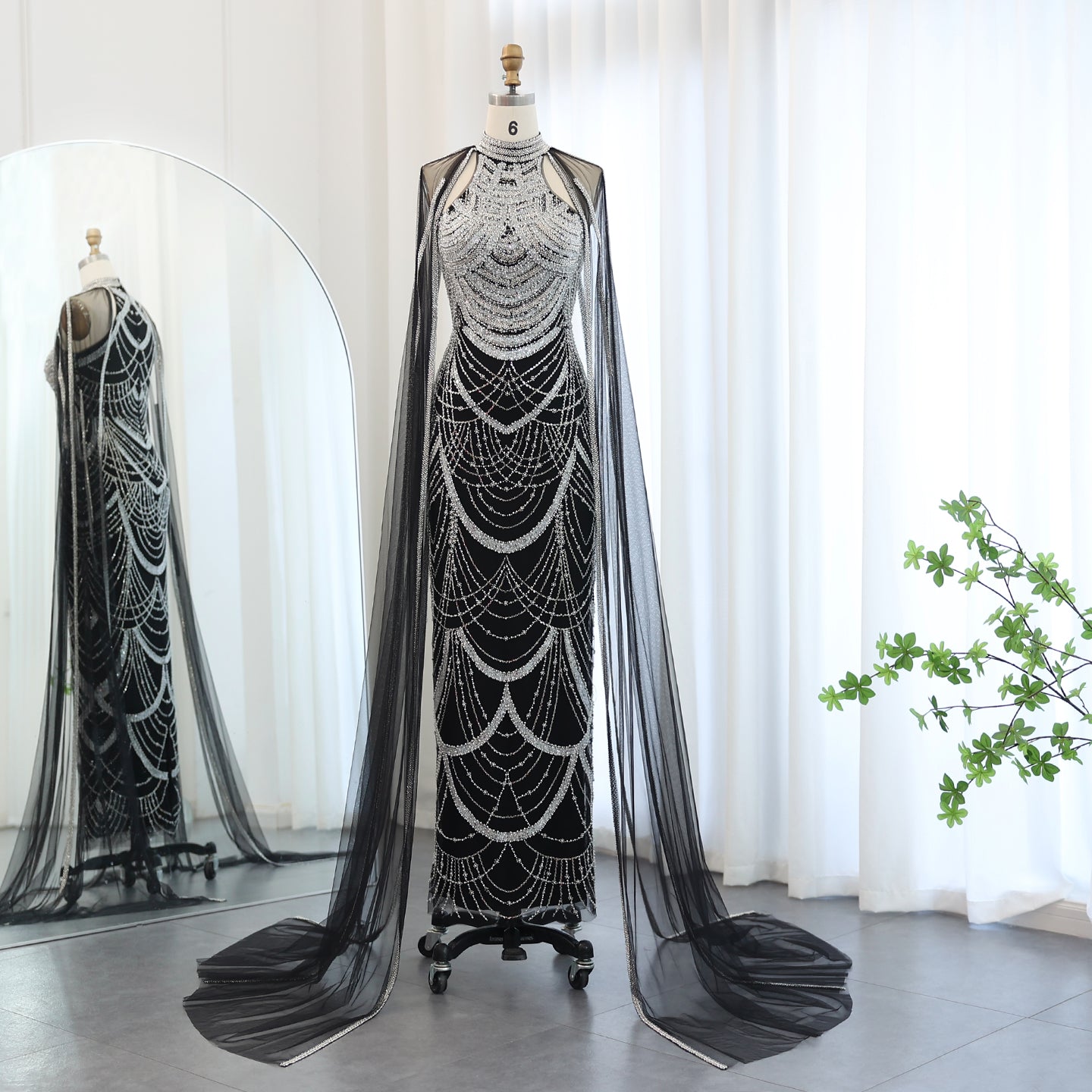 Luxury Pearls Black Evening Dresses with Cape Sleeves SS209