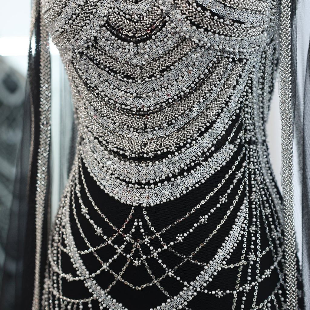 Luxury Pearls Black Evening Dresses with Cape Sleeves SS209