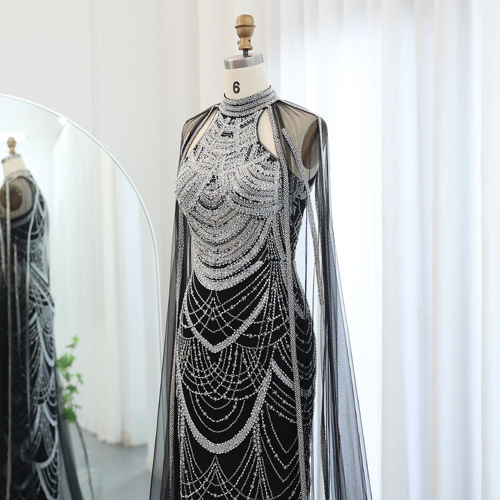 Luxury Pearls Black Evening Dresses with Cape Sleeves SS209