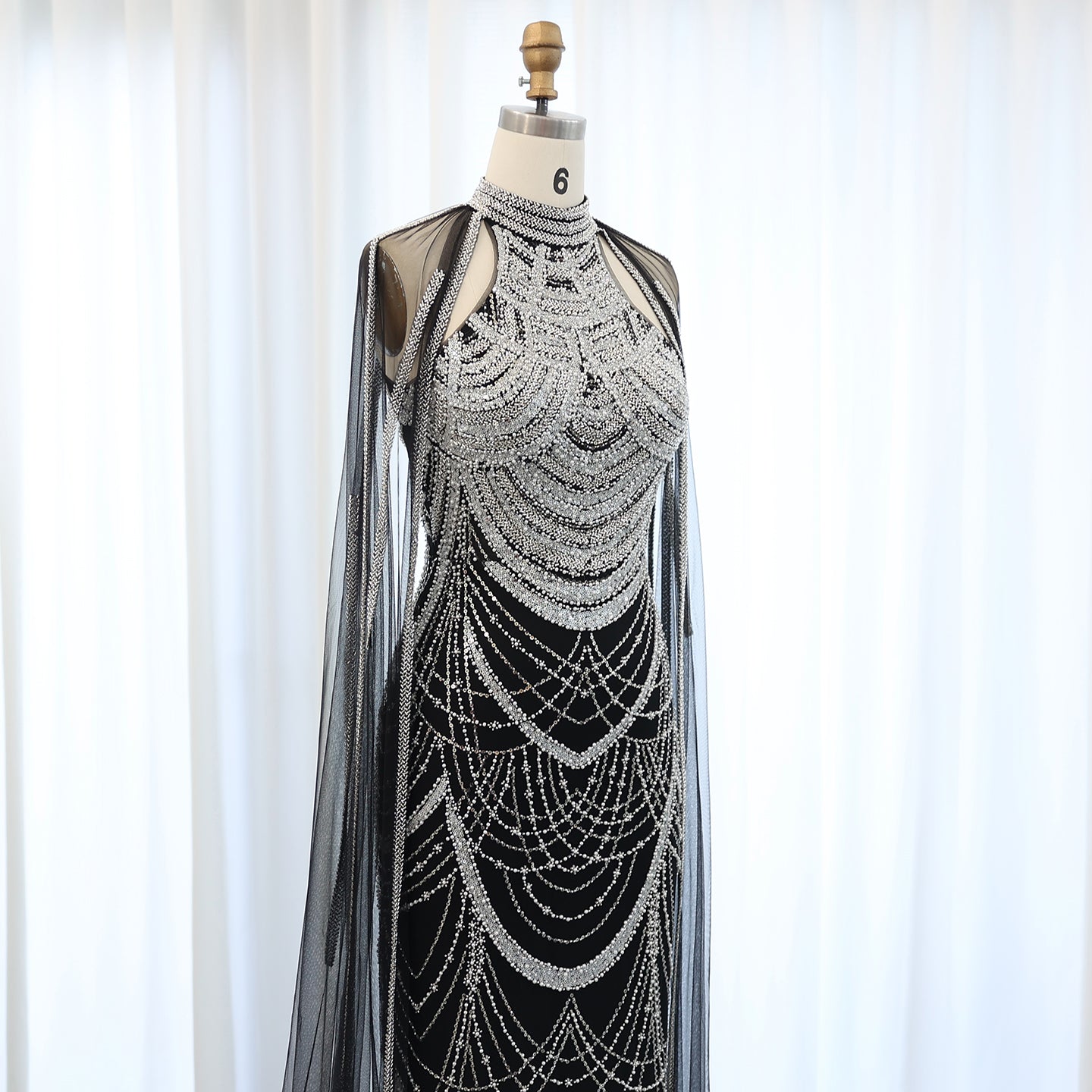 Luxury Pearls Black Evening Dresses with Cape Sleeves SS209