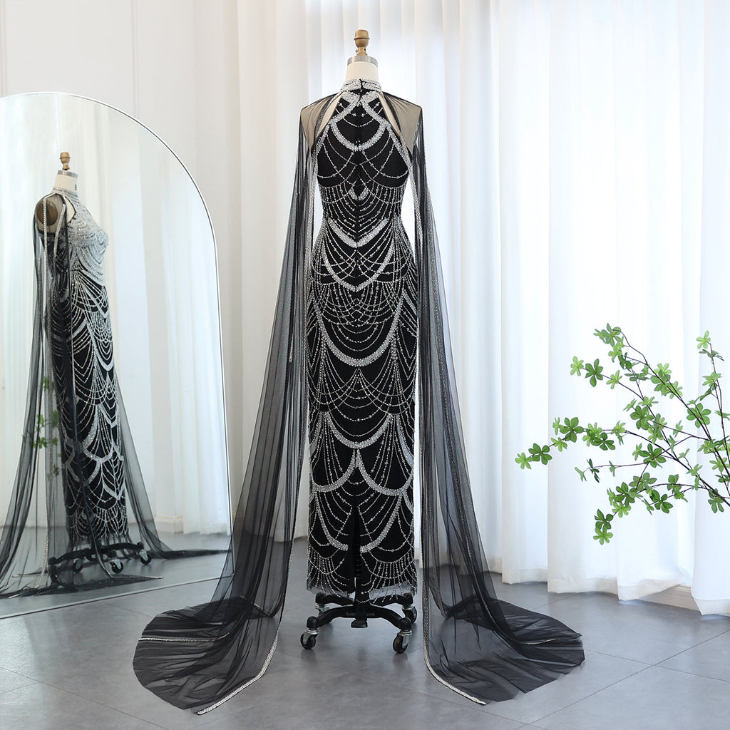 Luxury Pearls Black Evening Dresses with Cape Sleeves SS209