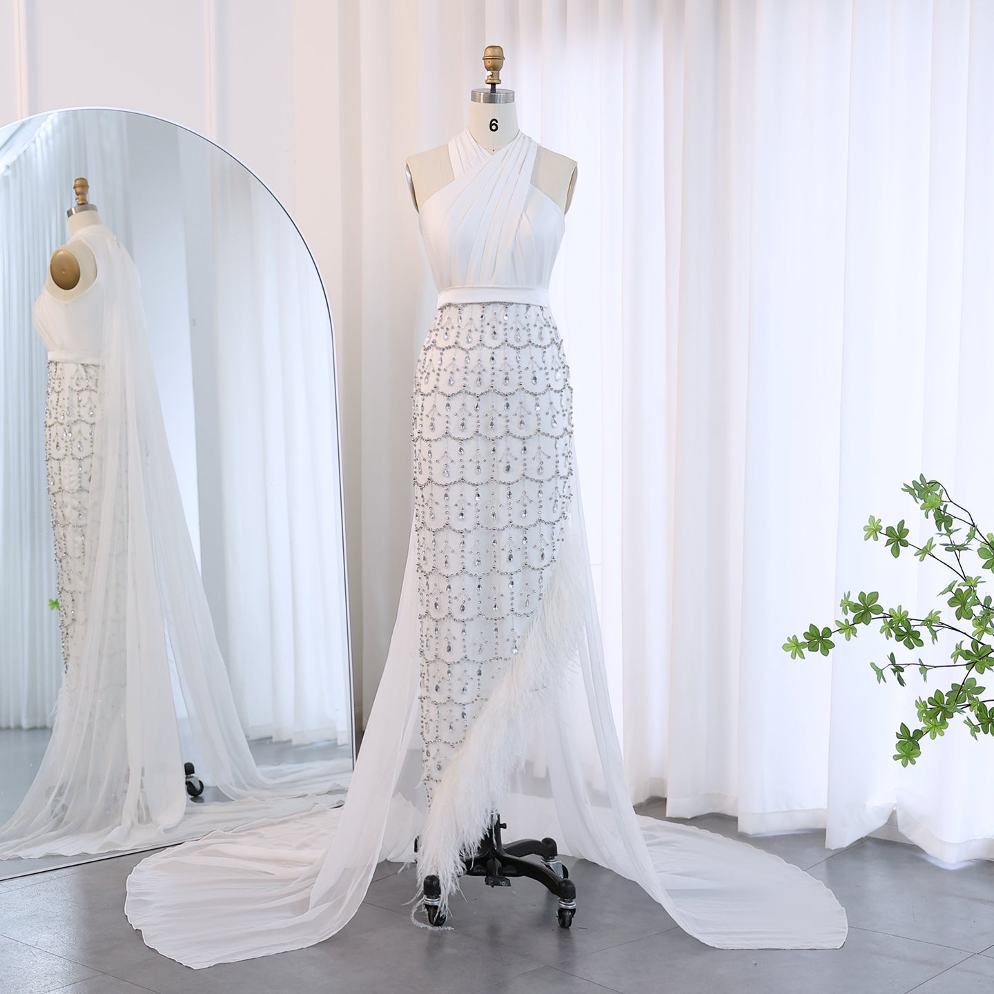 Luxury Feather White Halter Mermaid Evening Dress with Cape SS350