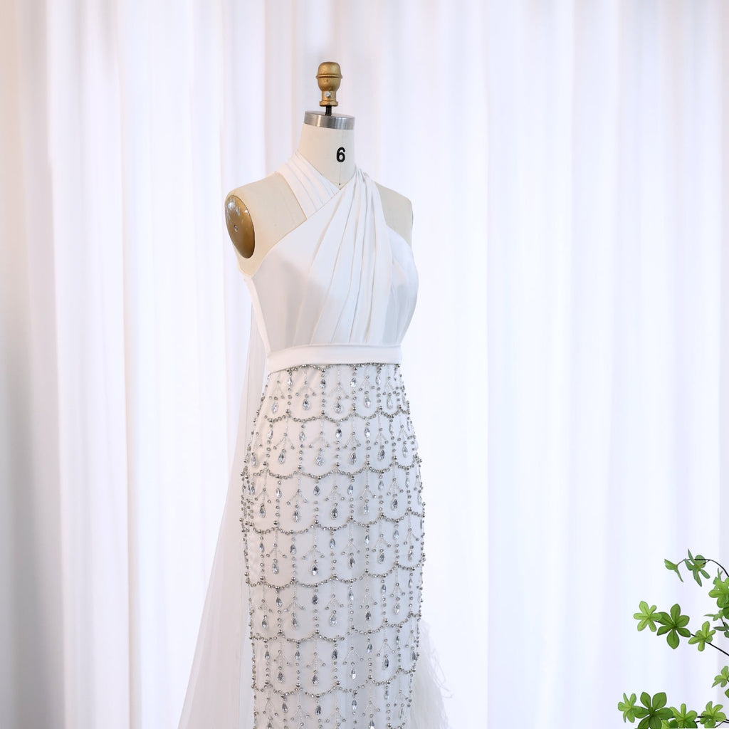 Luxury Feather White Halter Mermaid Evening Dress with Cape SS350