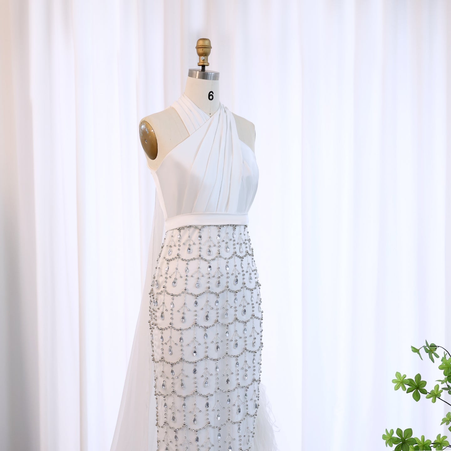 Luxury Feather White Halter Mermaid Evening Dress with Cape SS350