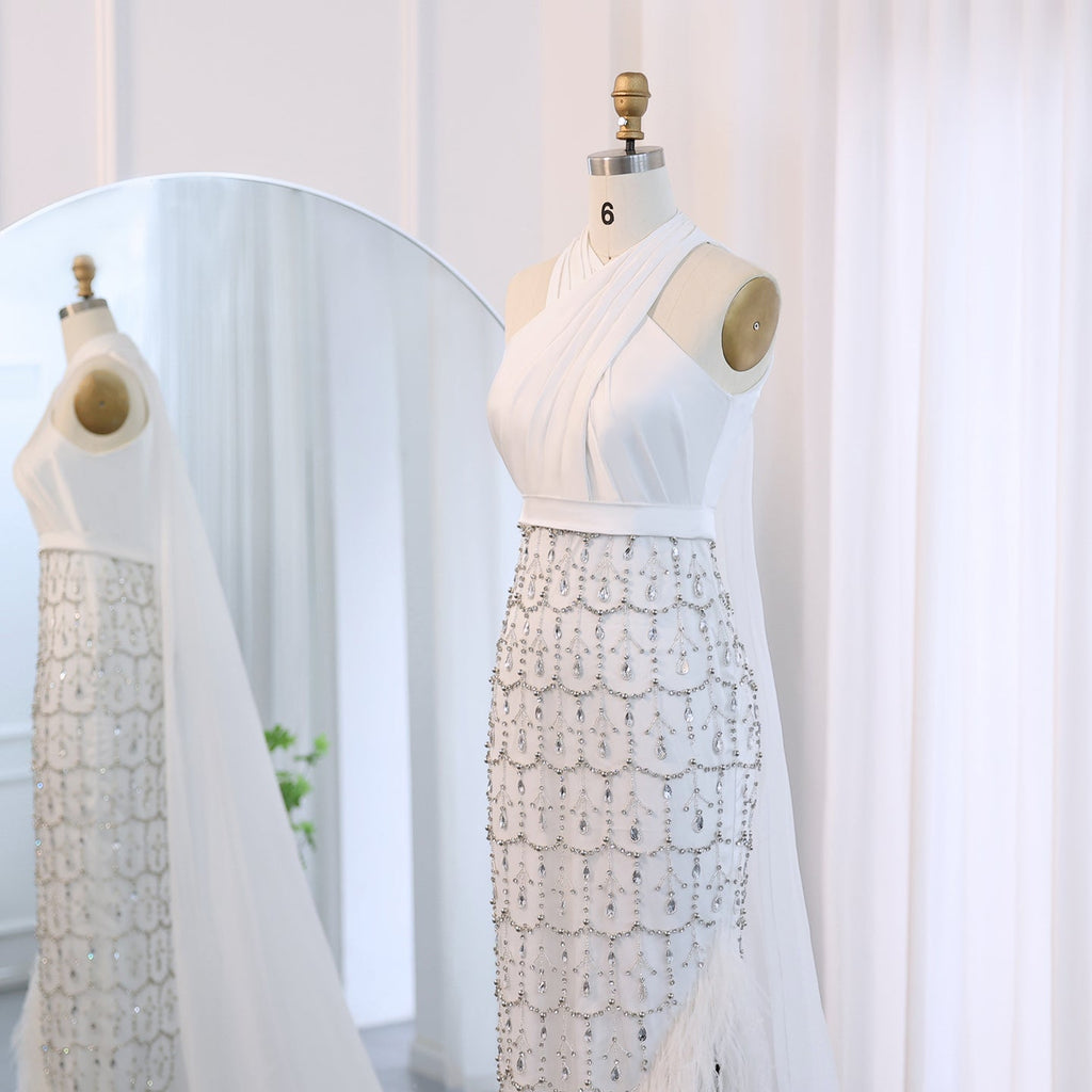Luxury Feather White Halter Mermaid Evening Dress with Cape SS350