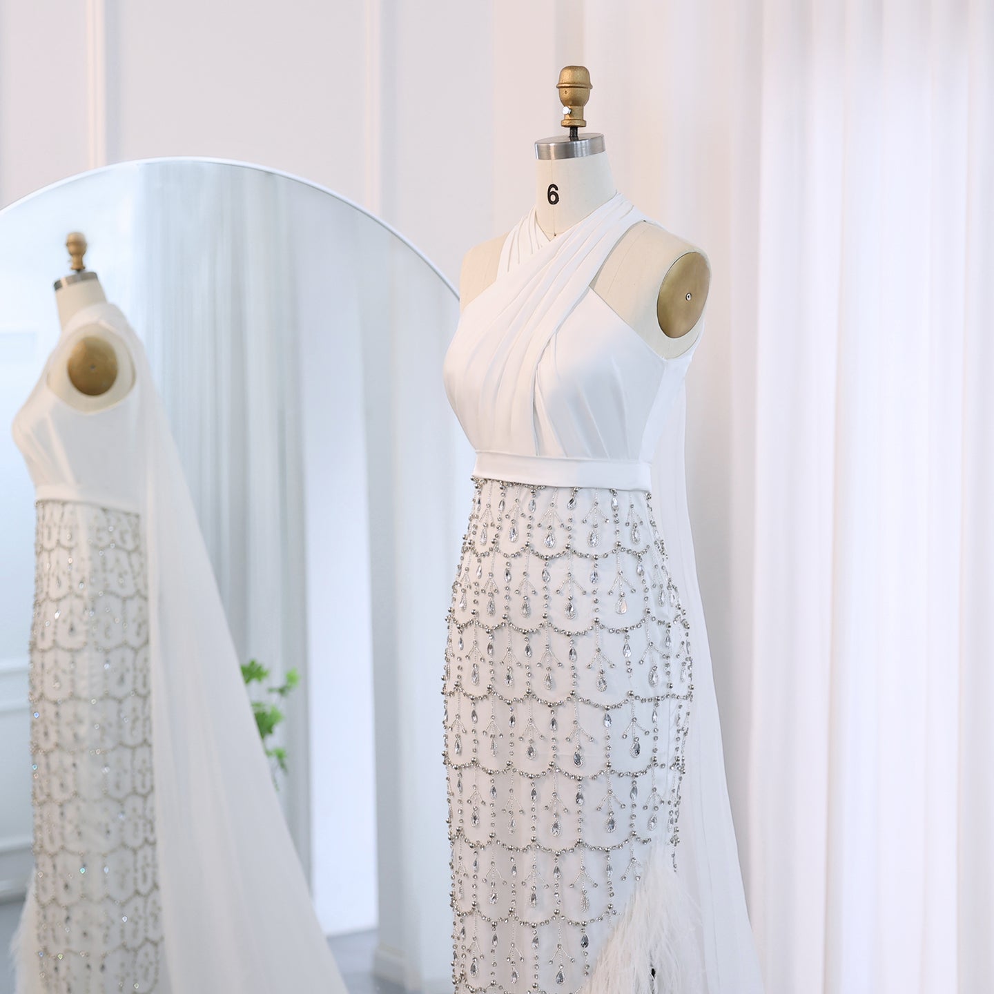 Luxury Feather White Halter Mermaid Evening Dress with Cape SS350