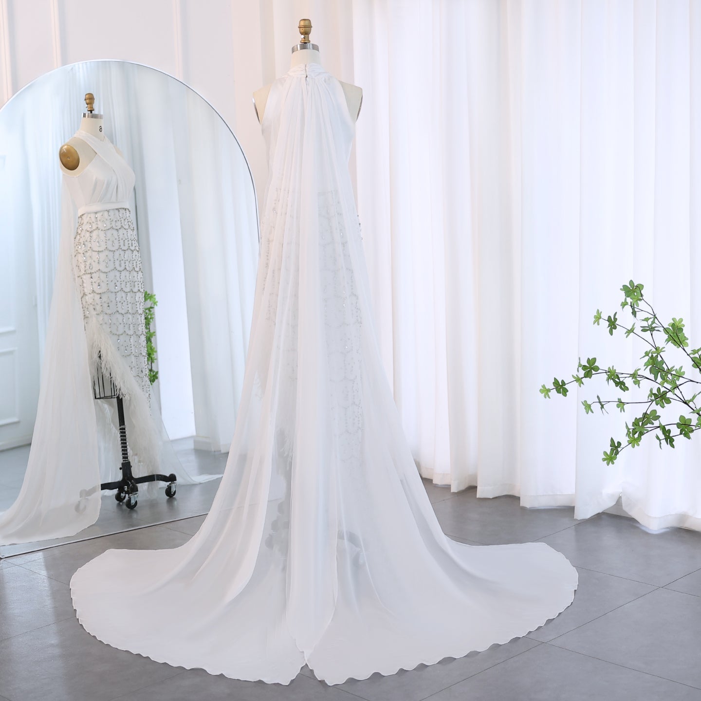 Luxury Feather White Halter Mermaid Evening Dress with Cape SS350