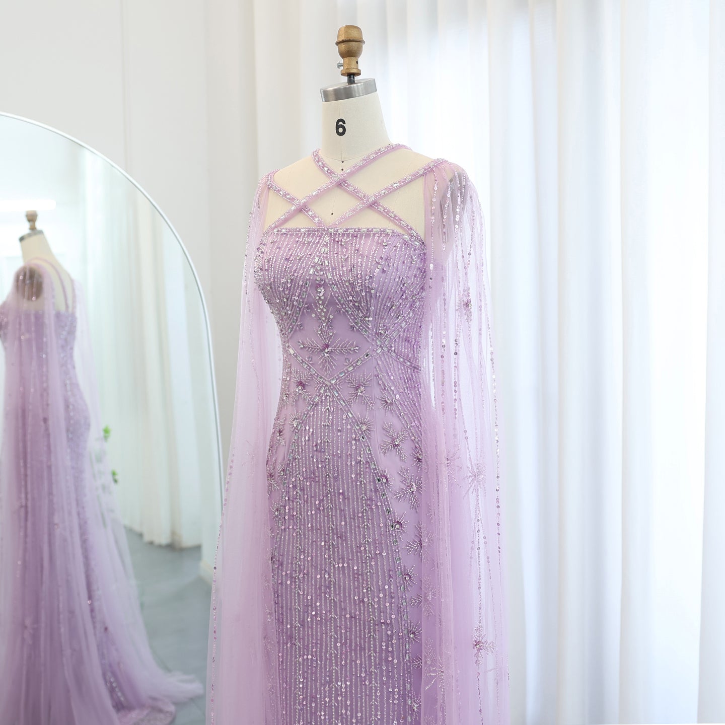 Luxury Champagne Mermaid Evening Dress with Cape Sleeves SS391