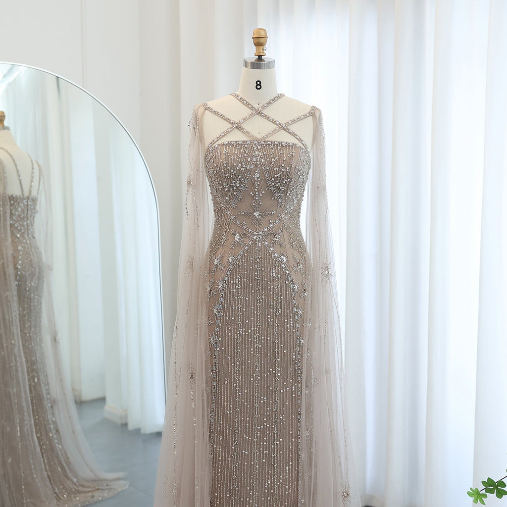 Luxury Champagne Mermaid Evening Dress with Cape Sleeves SS391