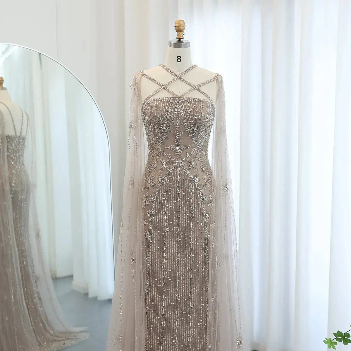 Luxury Aqua Crisscross Evening Dress with Cape Sleeves SS391